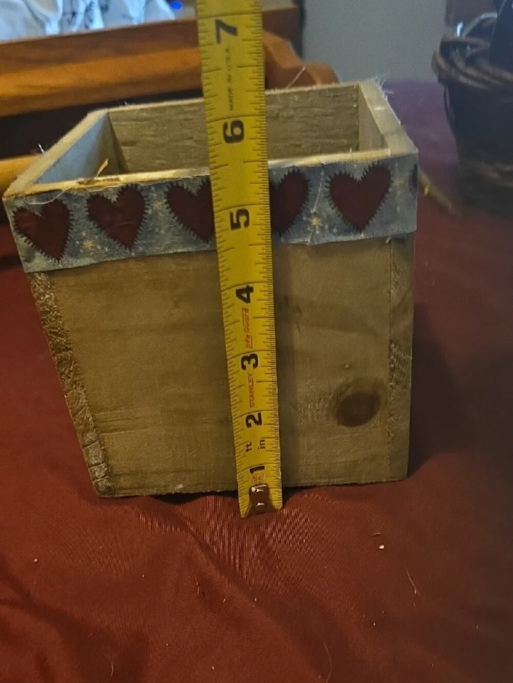Rustic Wooden Cube Planter with Red Heart Trim
